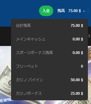 10Bet JAPAN｜カジノ入金ボーナス使用時の残高表示
